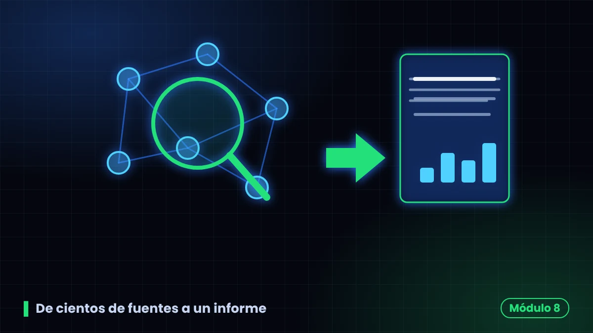 Lupa sobre una red de fuentes web que se convierte en un informe con gráficas de Deep Research